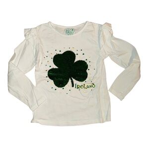 White Long Sleeve Tee with Green and Gold Sequin Shamrock